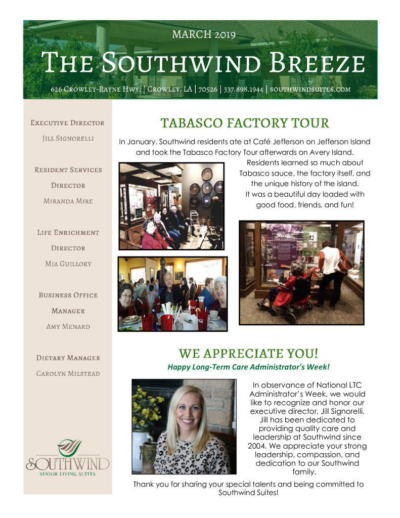 thumbnail of Southwind Senior Living March 2019 Newsletter